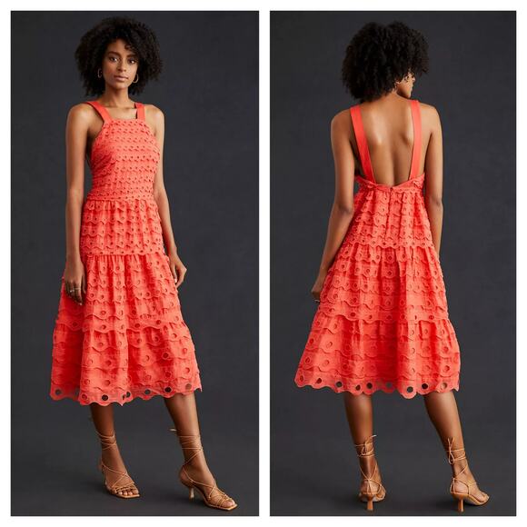 [Anthropologie] Maeve Coral Eyelet Tiered Low Back Sleeveless Midi Dress Size 4P - Picture 1 of 12